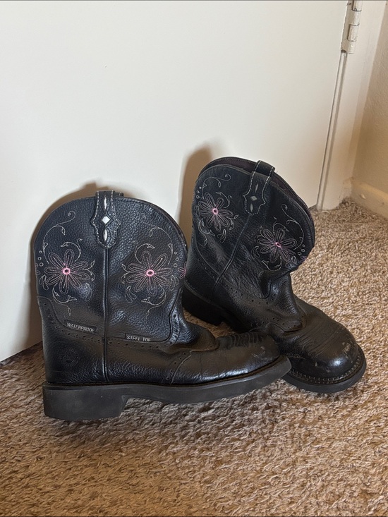 Justin Boots Shoes - Justin Boots Black Leather Western Work Boots with Pink Flower Stitching